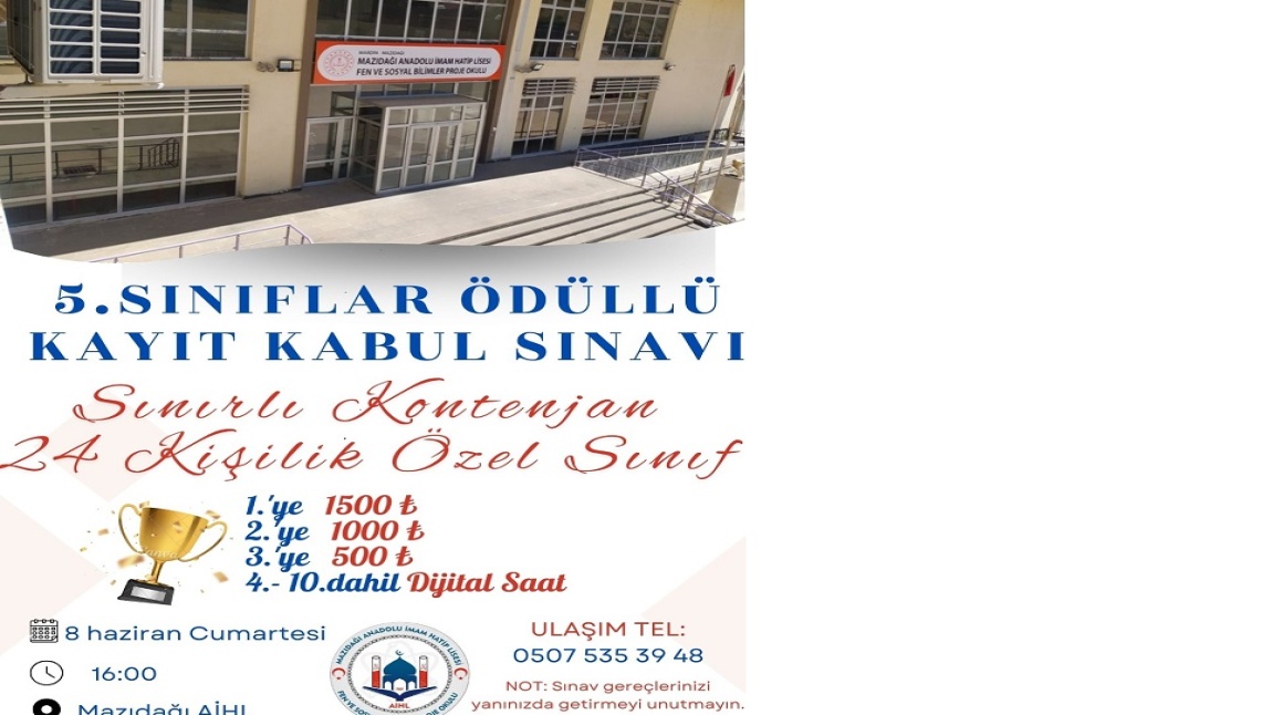 5. Sınıflara Ödüllü Kayıt Kabul Sınavı